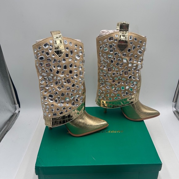 Lauren Lorraine Hana Gold Sparkle Embellished Rhinestone Western Boots Size 8.5 - Picture 8 of 9